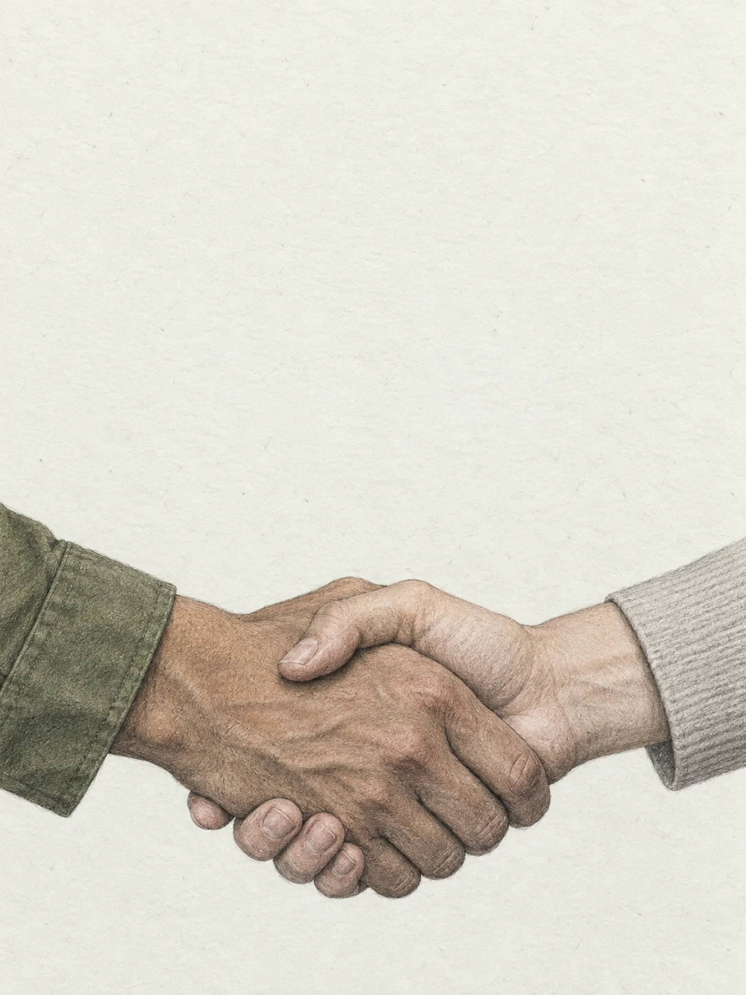 A graphite study of two hands in a warm handshake, with muted green and gray sleeves.