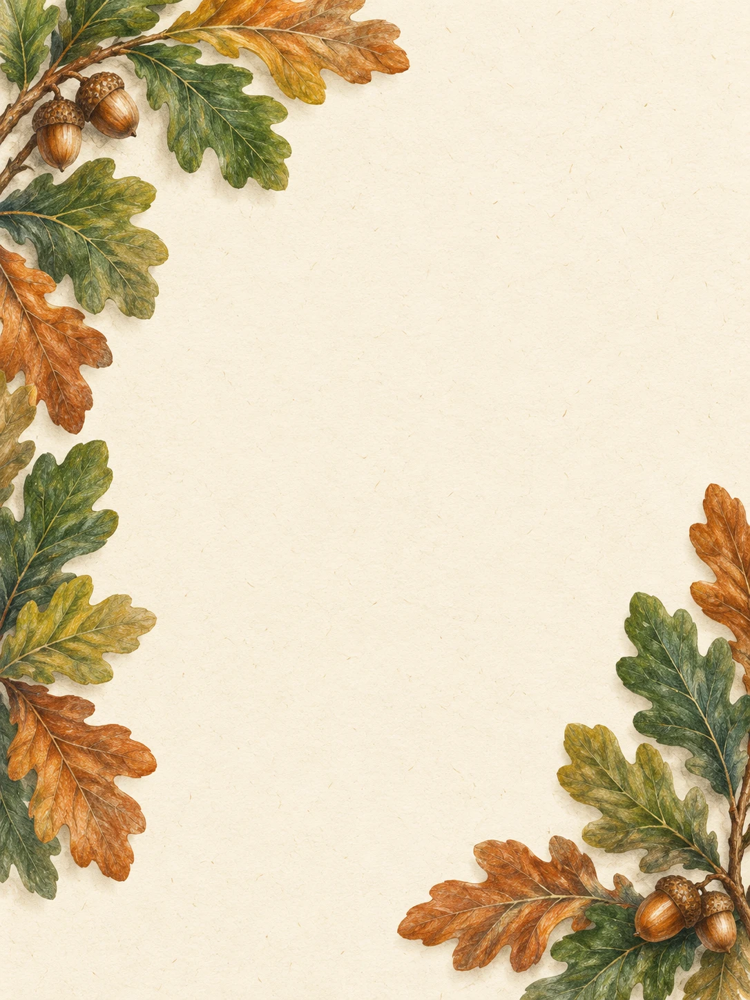 Observed green and bronze oak leaves with acorns framing an ivory center.
