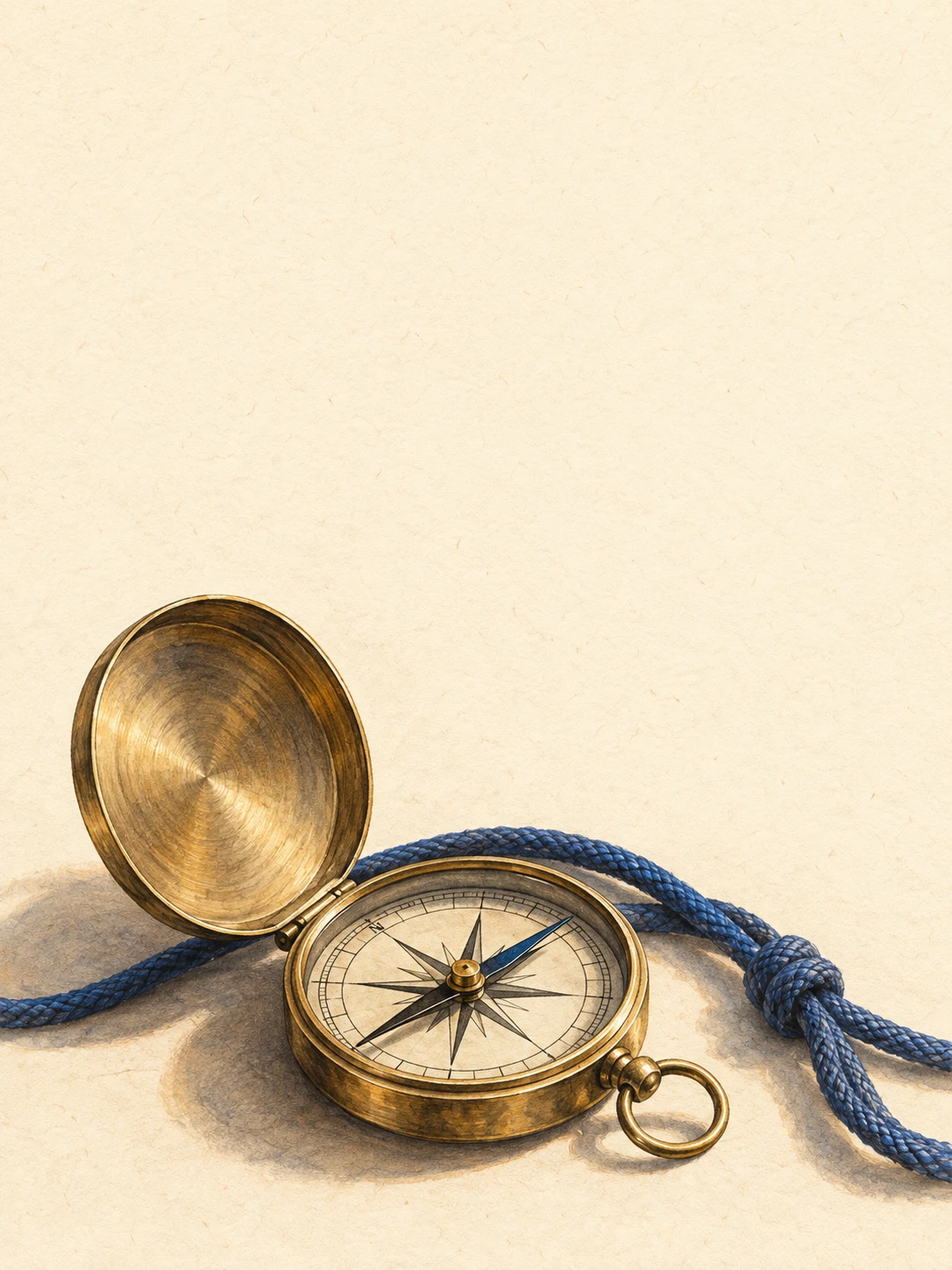 An open brass compass rests beside a knotted navy cord on ivory paper.
