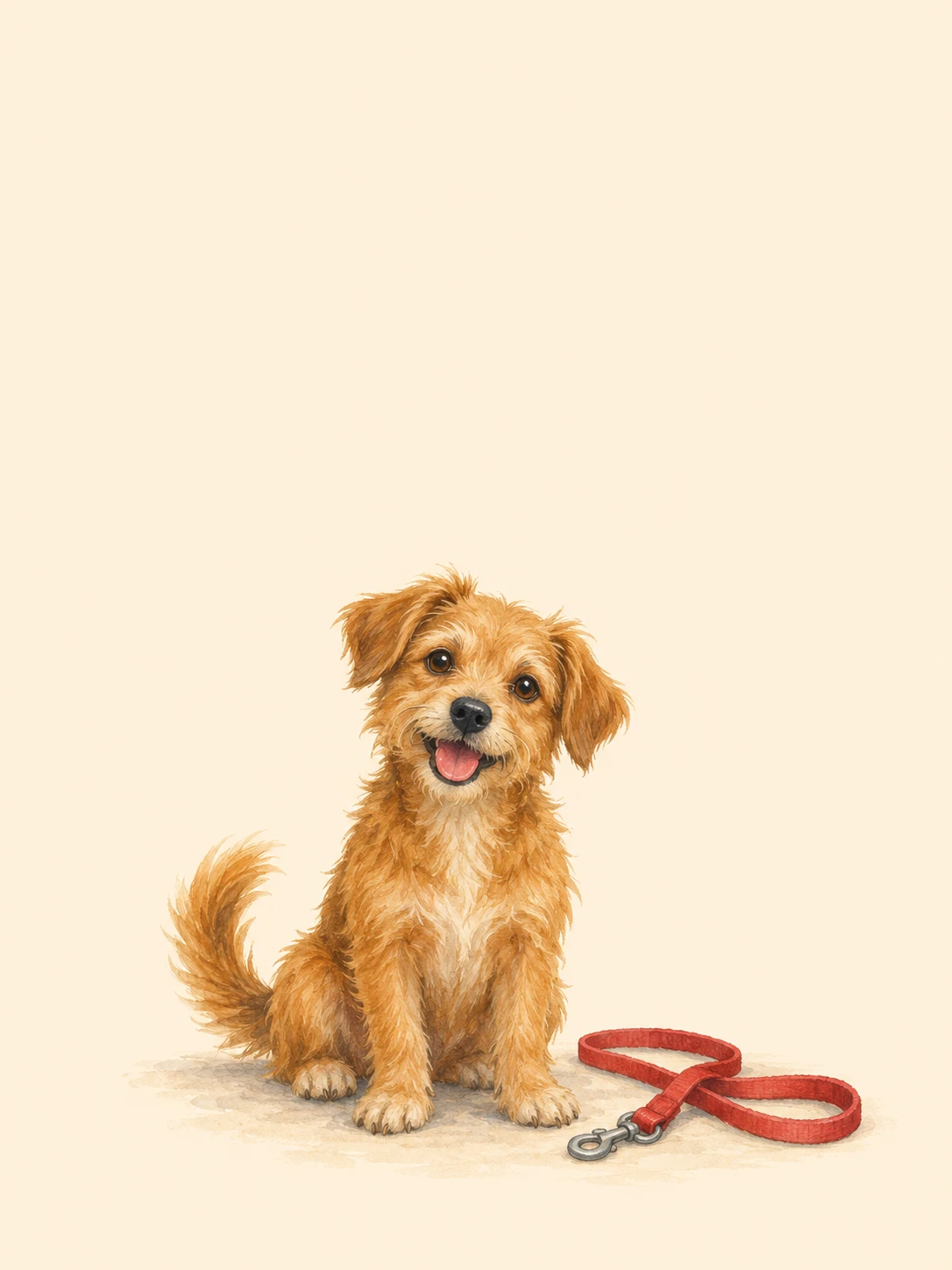 A friendly golden-brown dog sits eagerly beside a red leash on warm cream paper.