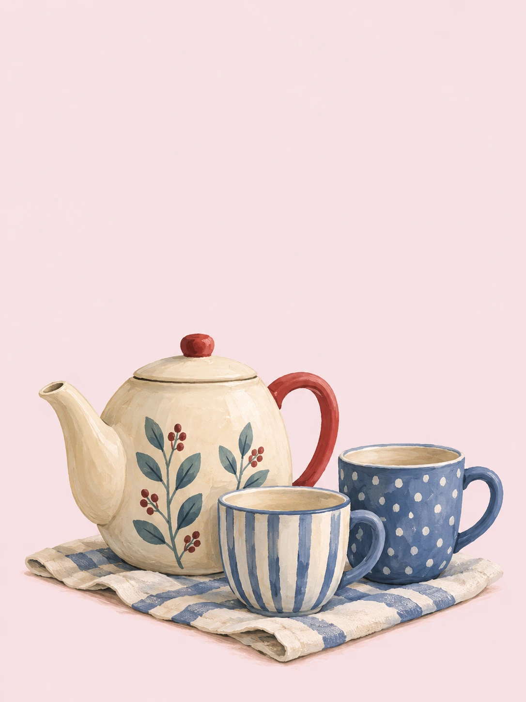 A cream teapot with a red handle sits beside two mismatched blue cups on pale rose paper.