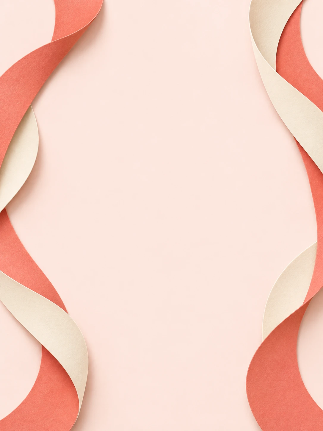 Broad coral and cream paper curves sweep around the sides of a pale peach card.
