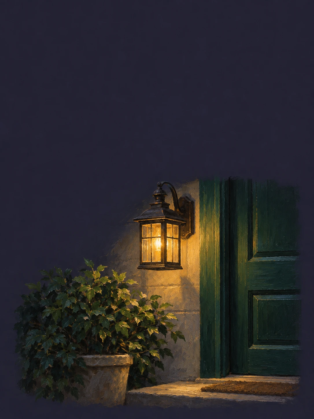 A warm porch lantern glows beside a green doorframe against deep navy paper.