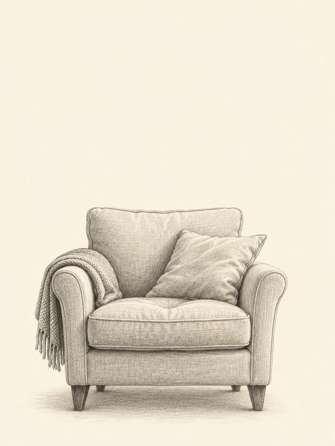 A cozy upholstered chair holds a folded blanket and a softly indented cushion in graphite.
