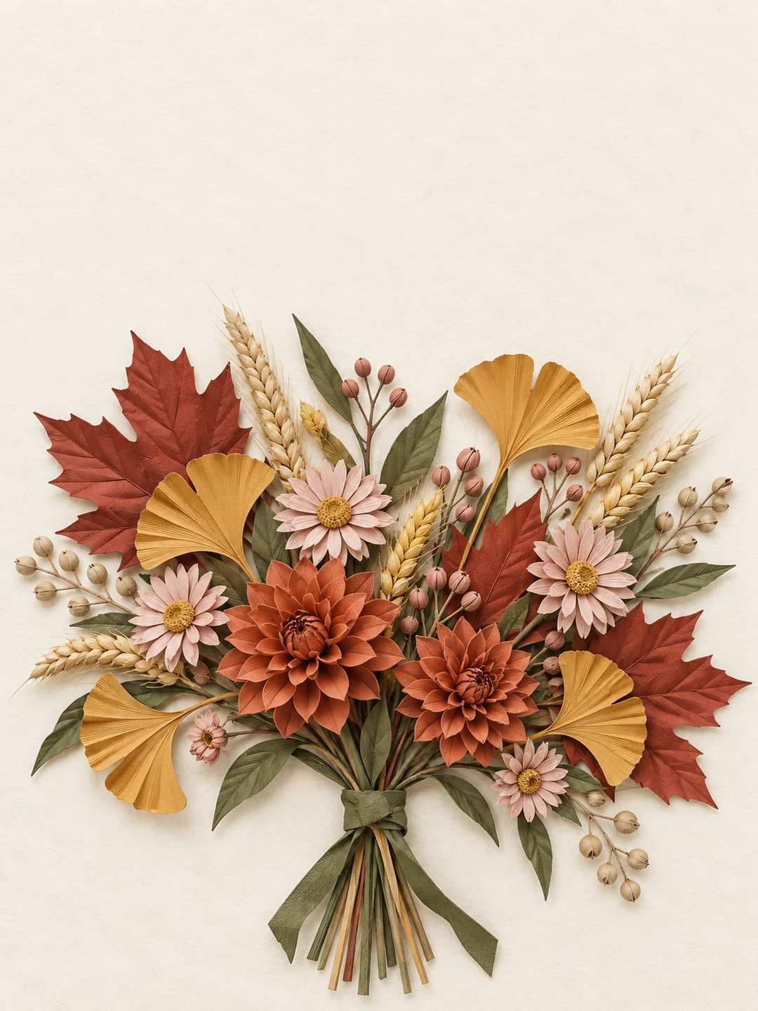 A hand-tied paper bouquet of rust maple leaves, golden ginkgo, wheat, blush asters and terracotta dahlias rests against warm ivory.