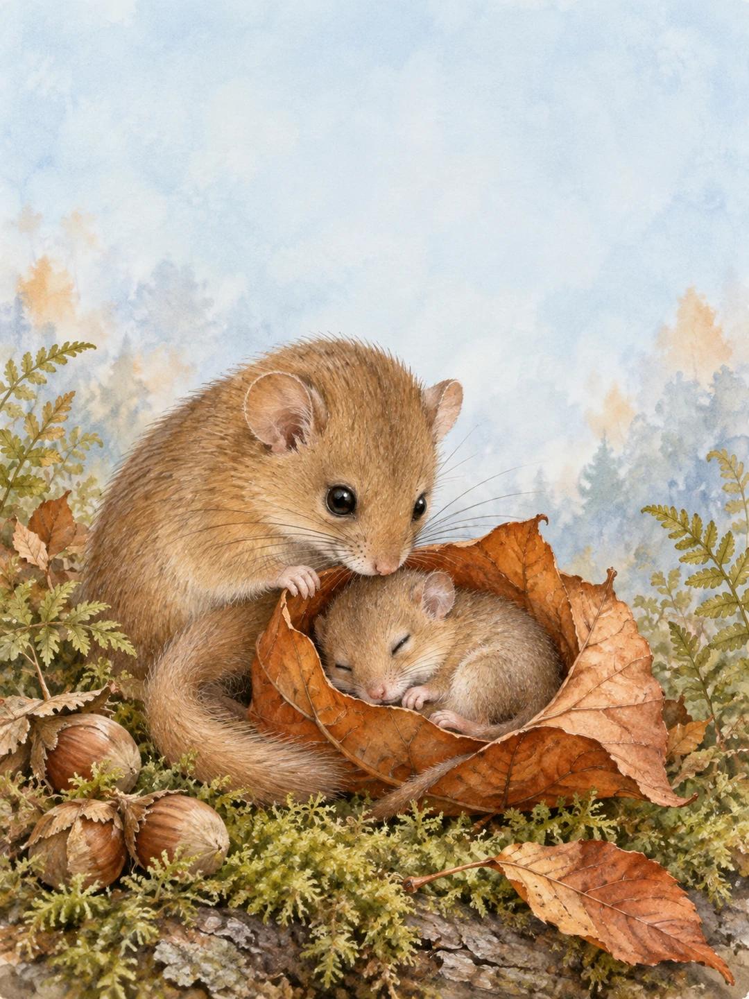 An adult dormouse gently tends a sleeping baby nestled in a curled copper beech leaf among sage moss, hazelnuts and delicate ferns beneath a pale blue watercolor sky.