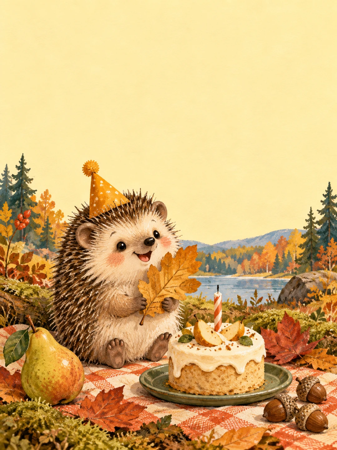 A smiling baby hedgehog in a golden party hat holds an oak leaf beside a pear-topped birthday cake with one candle, on a checked autumn picnic blanket by a woodland lake.