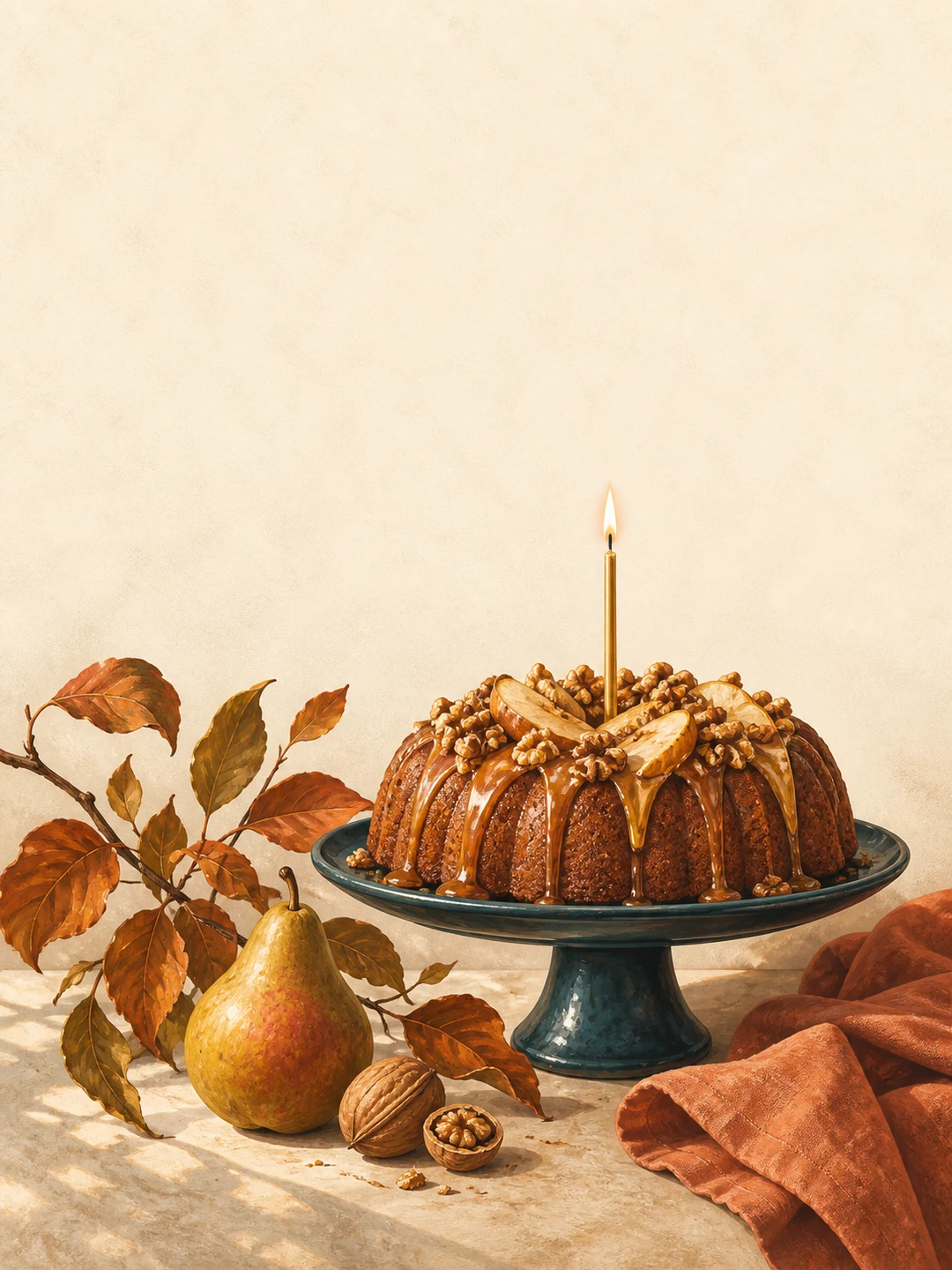 A pear-and-walnut bundt birthday cake with one glowing candle sits on a dark teal stand beside russet leaves, a pear, and terracotta linen.