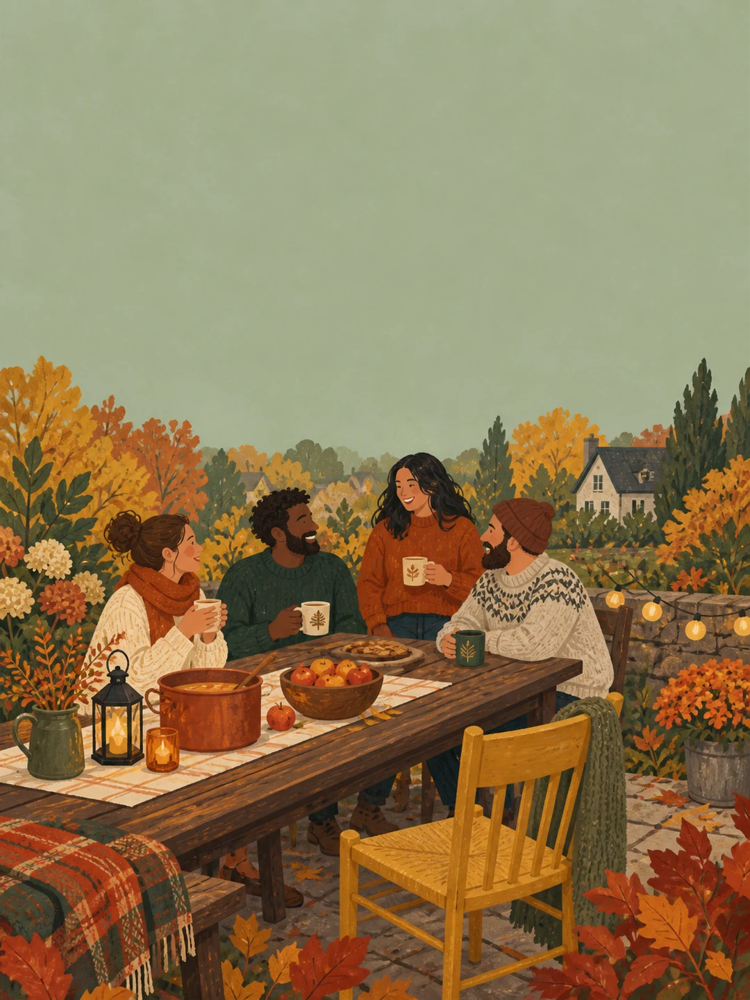 Four friends in autumn sweaters share cider at a garden table with a welcoming empty yellow chair, surrounded by golden trees beneath a quiet sage sky.