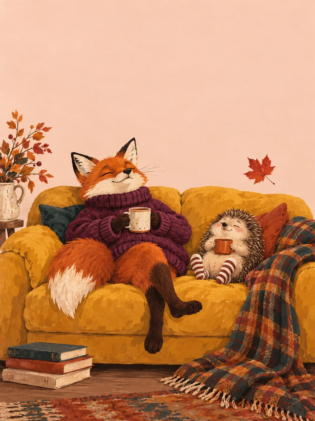 A relaxed fox and a tiny hedgehog share an oversized mustard sofa with warm mugs while a single red leaf drifts past.