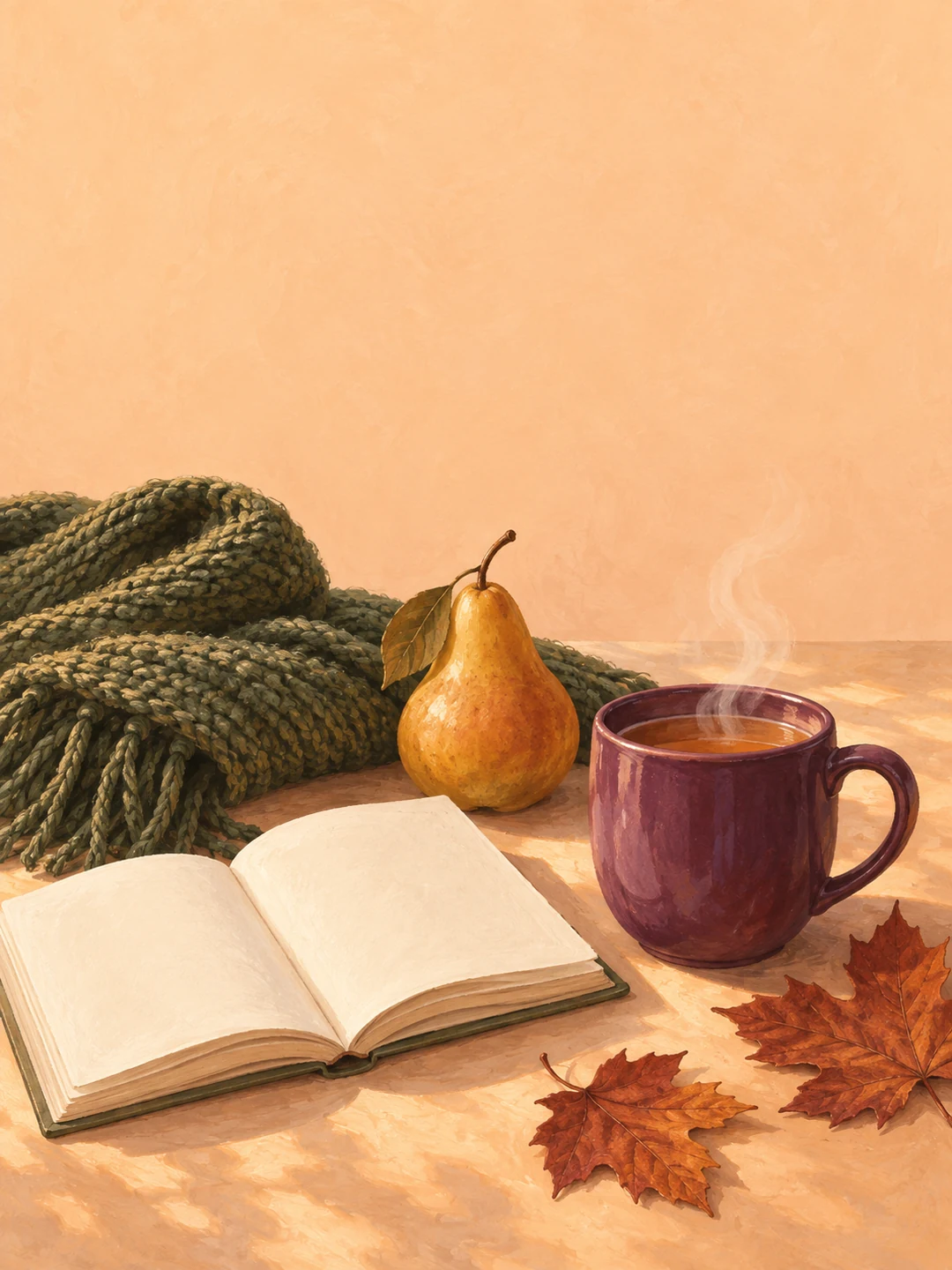 A plum tea mug, honey pear, moss knitted scarf, maple leaves and blank book on an apricot table.