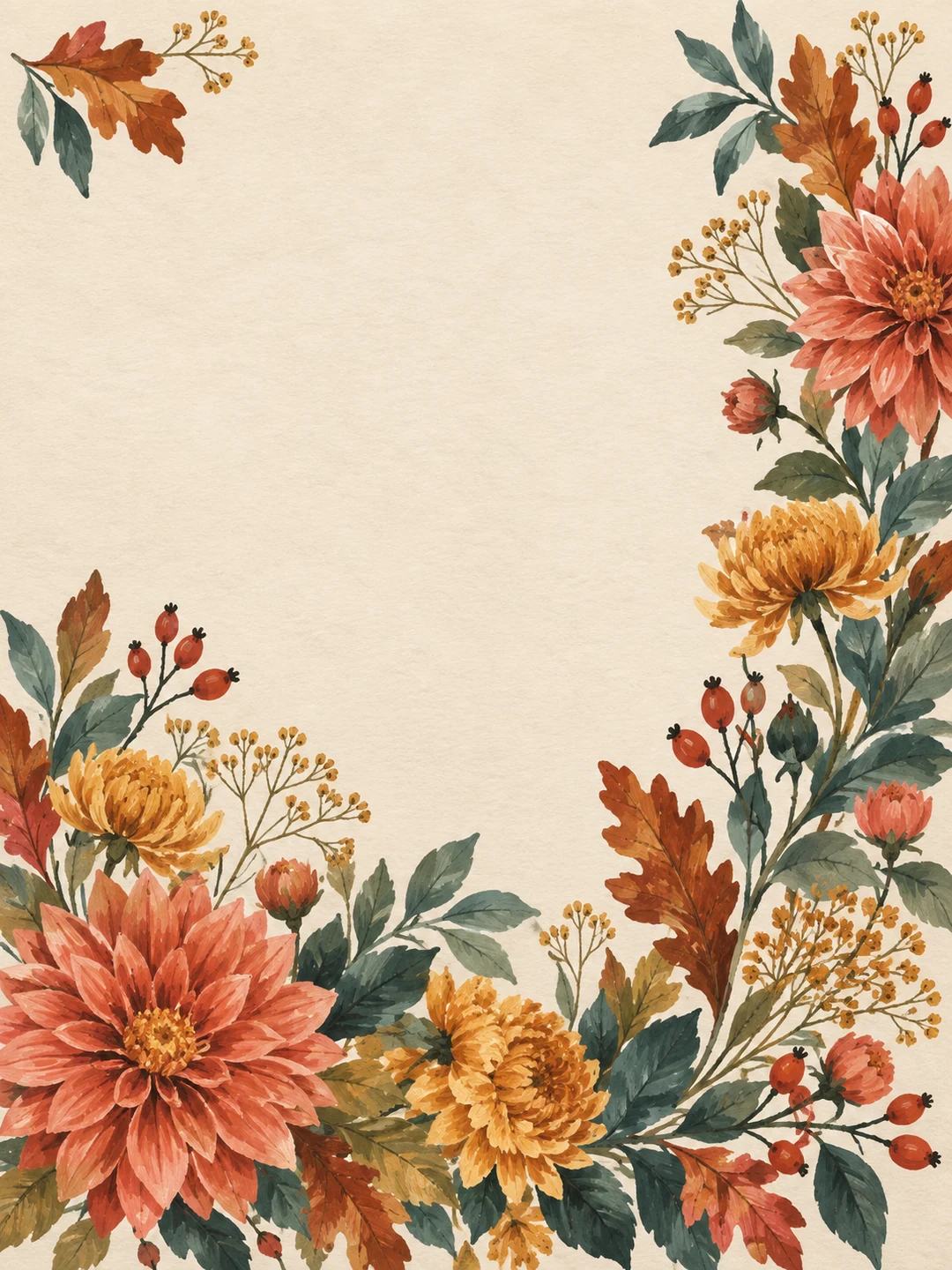 Coral and amber autumn flowers with russet leaves and teal foliage around an open oat-colored center.