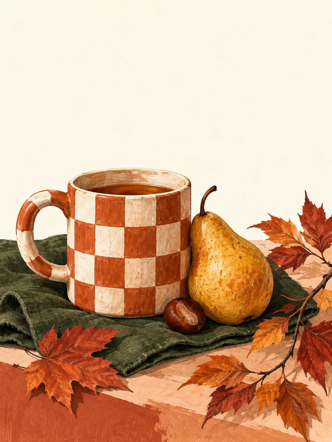 An oversized terracotta checkerboard mug of tea rests beside a golden pear and chestnut on moss-green linen, framed by rust maple leaves on warm ivory.