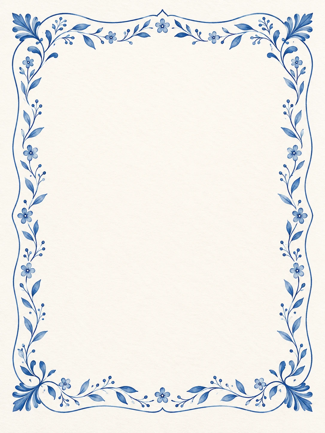 Delicate blue leaves and flowers form an ornamental border on ivory paper.