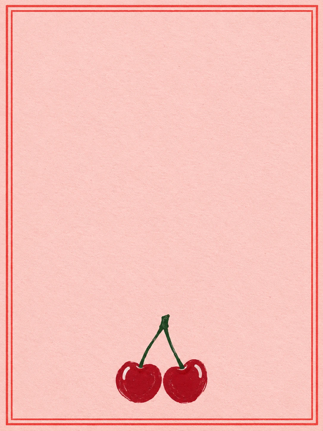 Two red cherries and a fine red border on blush pink paper.