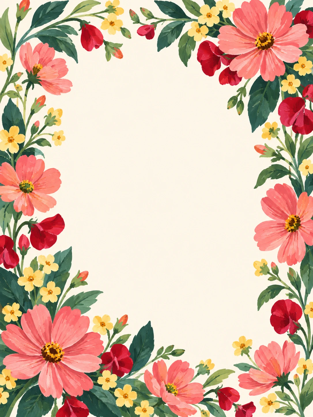 Coral cosmos and red sweet peas painted around an ivory paper center.