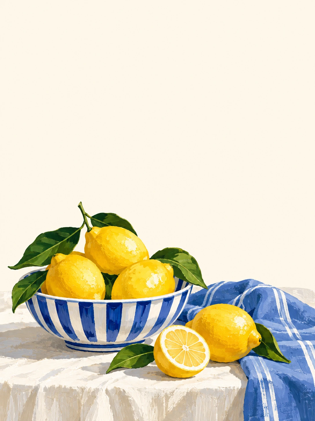 Golden lemons in a blue striped bowl, with a blue linen napkin.