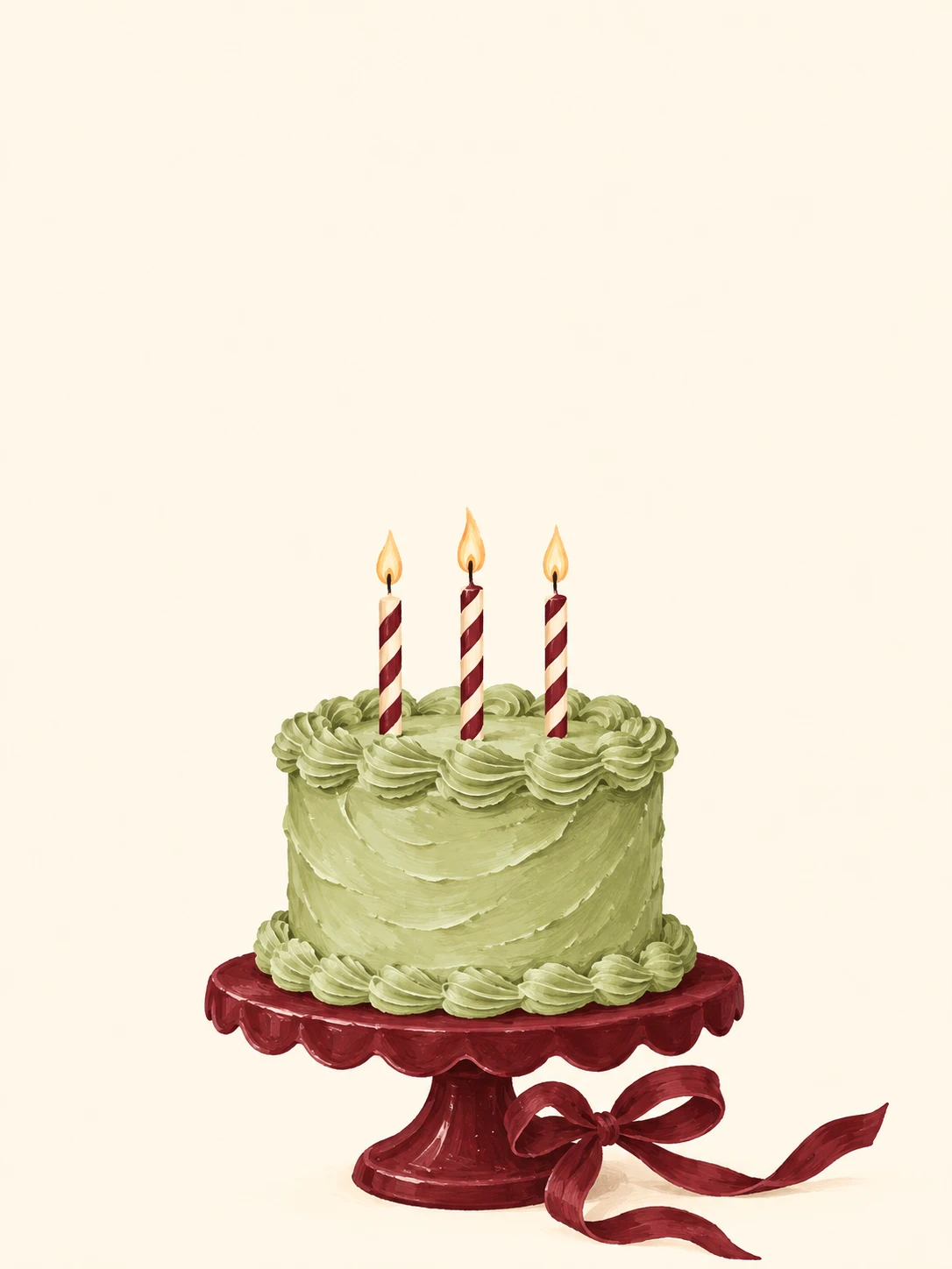 A pistachio green birthday cake with three candles on a burgundy cake stand.