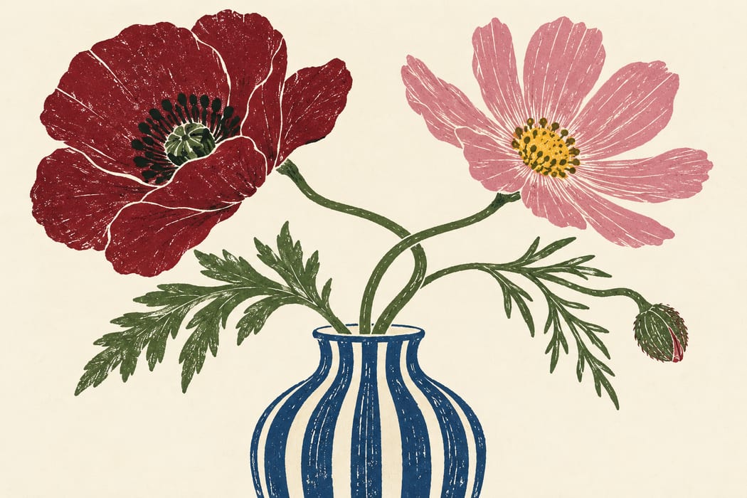 A hand-printed bouquet of poppies and cosmos in a striped blue vase.