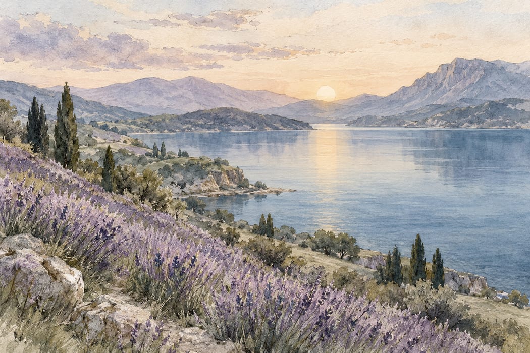 Quiet watercolor hills reflected in a lavender-blue lake at sunrise.
