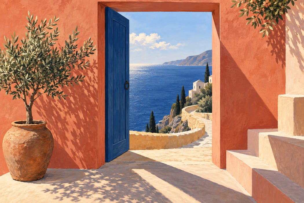 A coral doorway opens onto a sunlit path and blue sea.