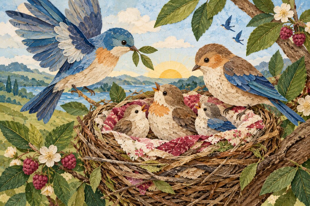 Different-size birds gathered in a welcoming woven nest.