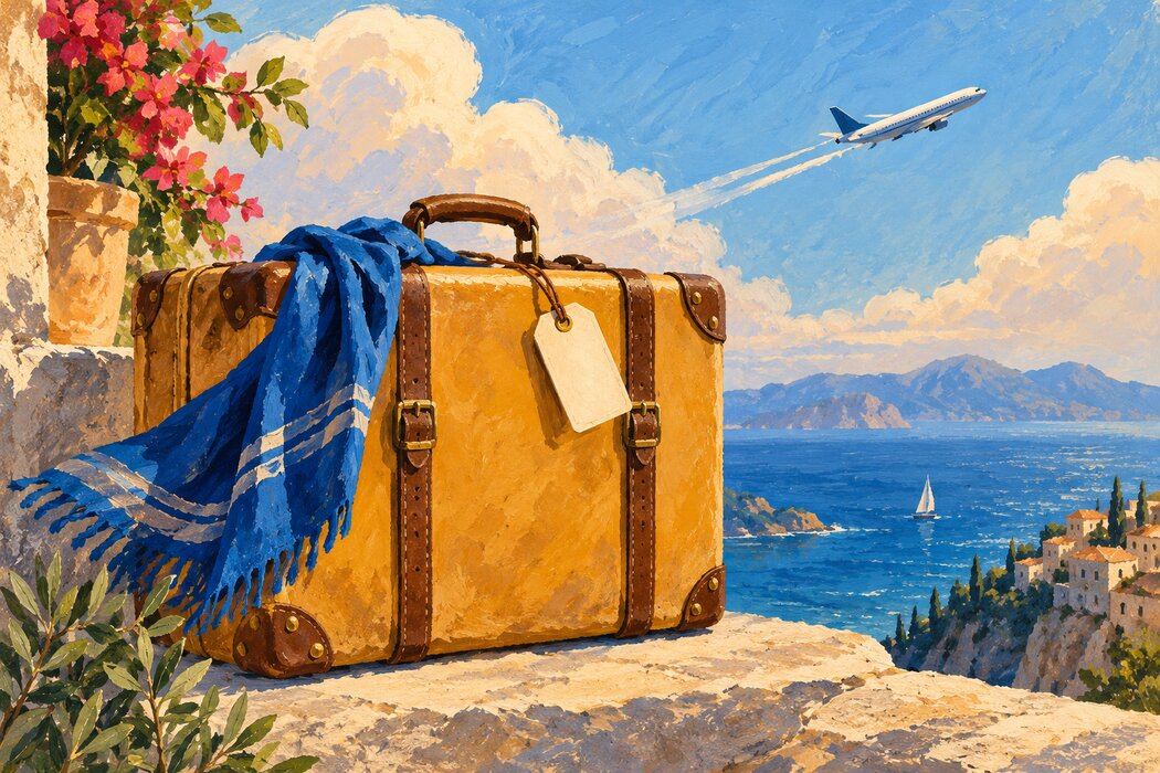 An ochre suitcase and a small airplane lifting into the clouds.