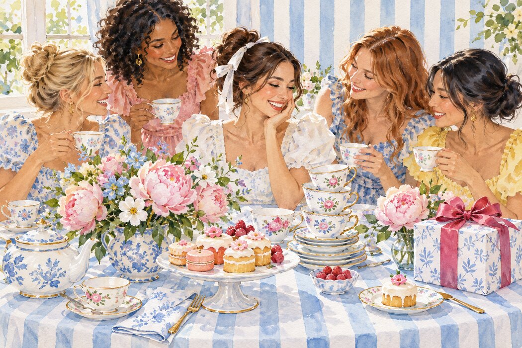 A floral tea table with porcelain cups, cakes, and a wrapped gift.