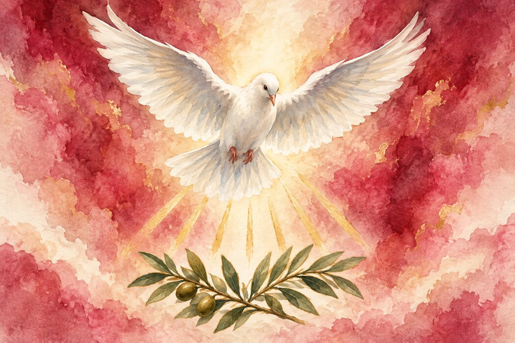 A white dove with golden rays and an olive branch.