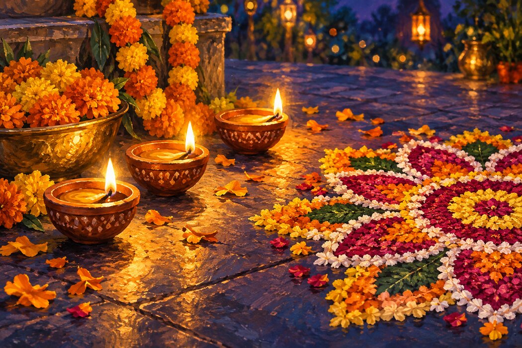 Glowing clay diyas beside marigolds and a floral rangoli.