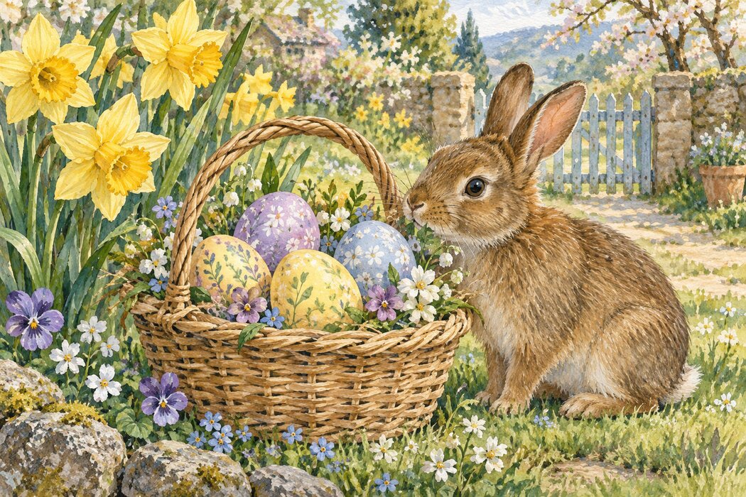 A spring basket of painted eggs with a rabbit and daffodils.