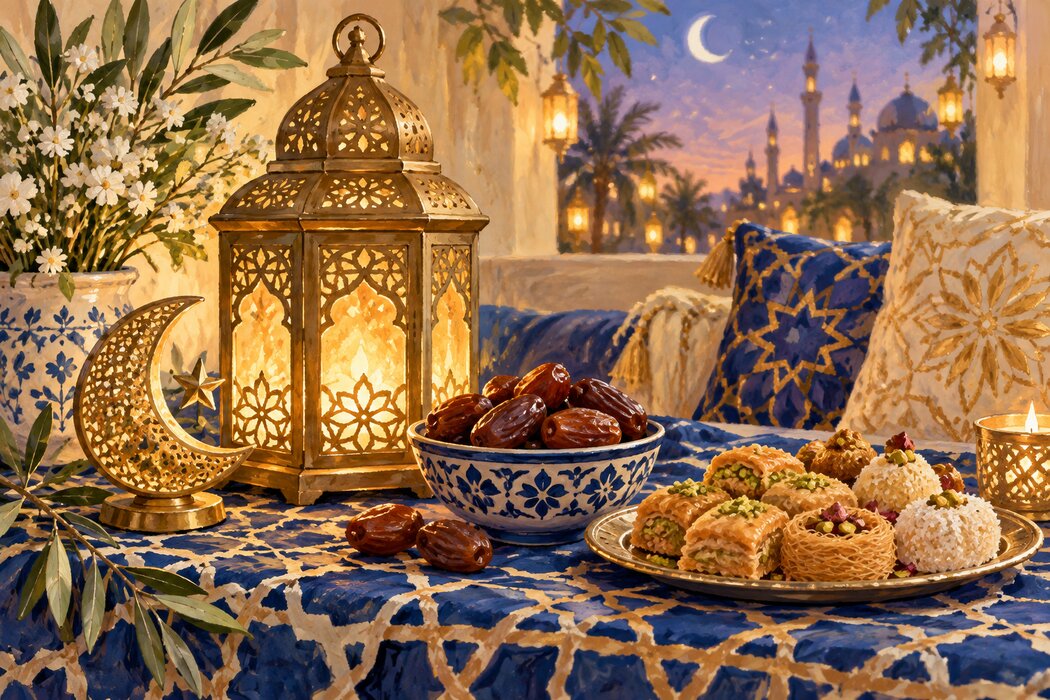 A brass lantern, crescent ornament, dates, and sweets.