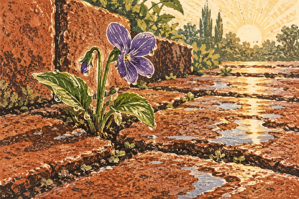 A flowering green shoot growing between rain-washed paving stones.
