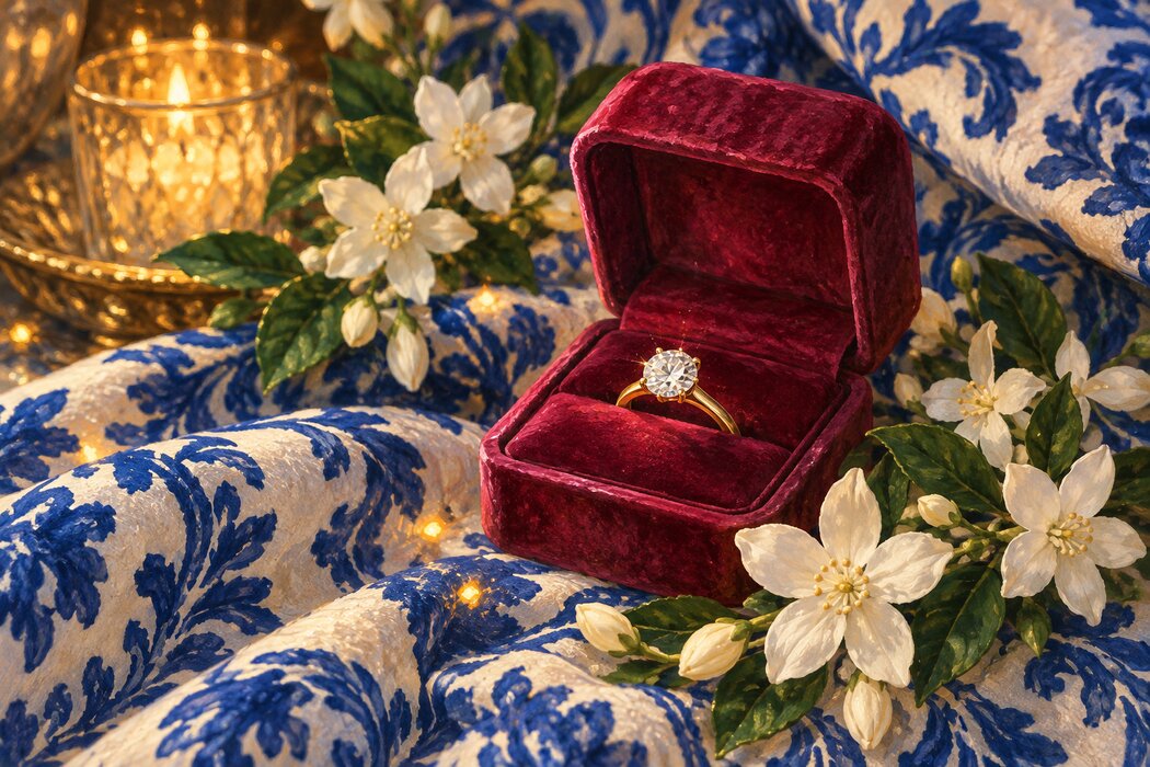 An open raspberry ring box surrounded by jasmine.