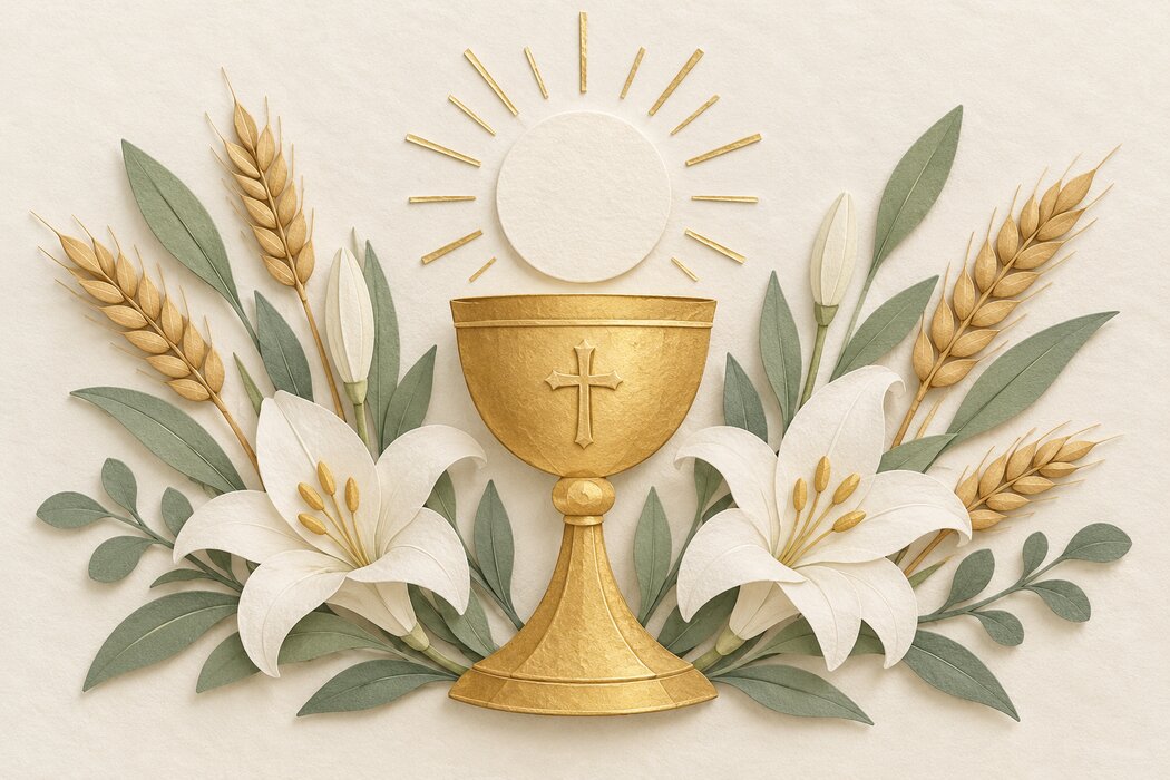 A golden chalice, communion wafer, wheat, and white lilies.