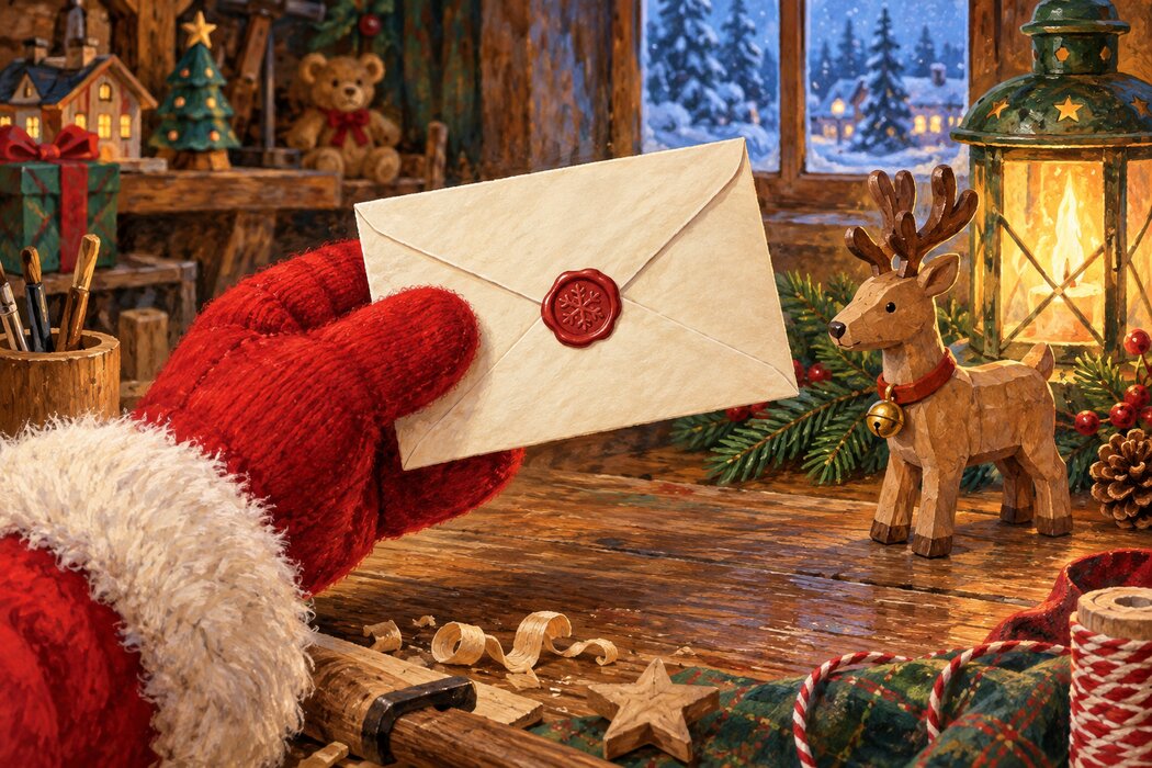 Santa’s red mitten holding an envelope above a toy workshop desk.