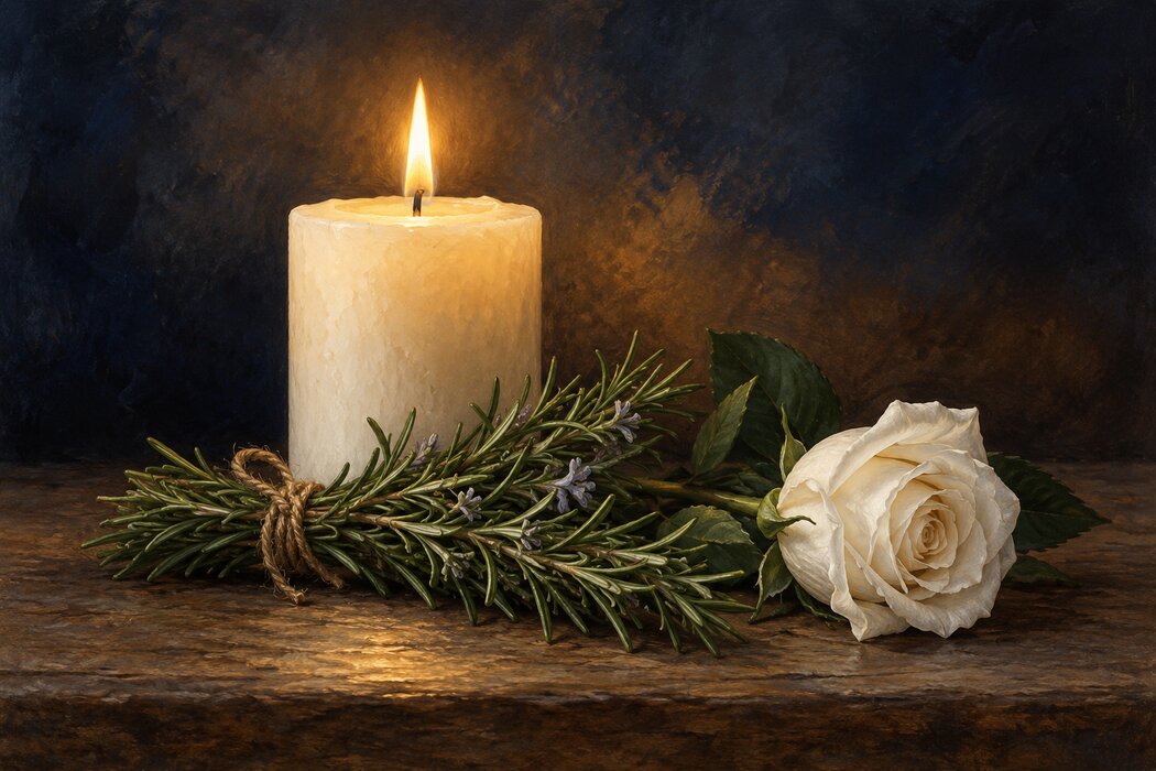 A white candle beside rosemary and a single white rose.