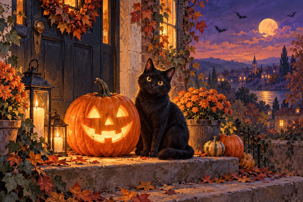 A glowing carved pumpkin and black cat at twilight.