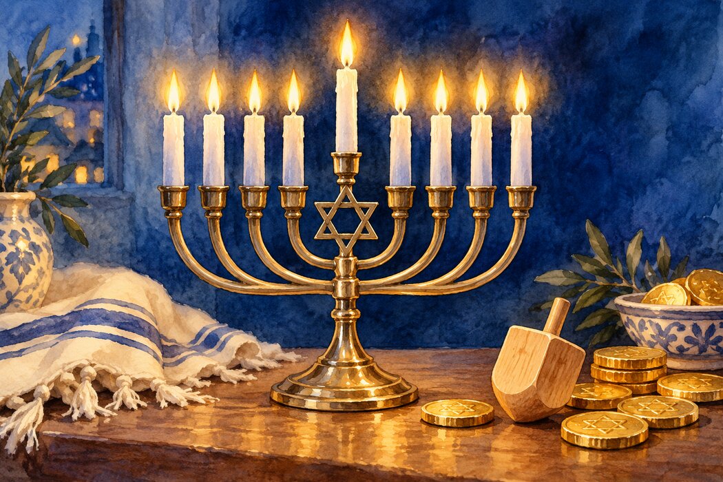 A nine-branched Hanukkah lamp with a dreidel and golden coins.