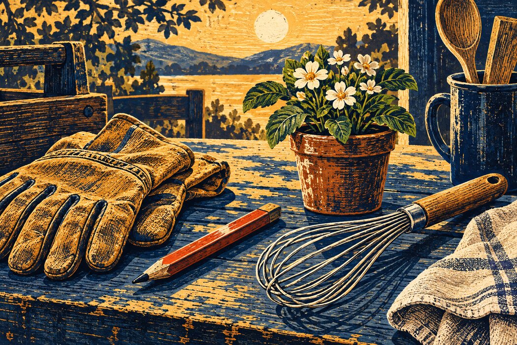 Work gloves, a pencil, a whisk, and a flowering plant.