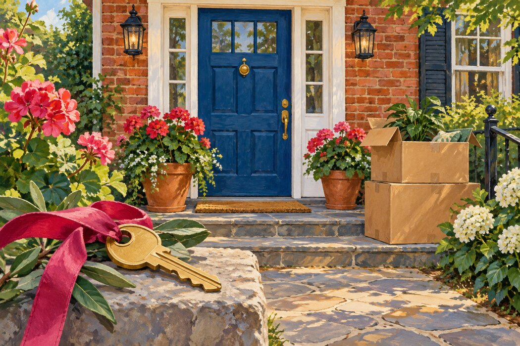 A welcoming porch, moving box, plant, and new house key.