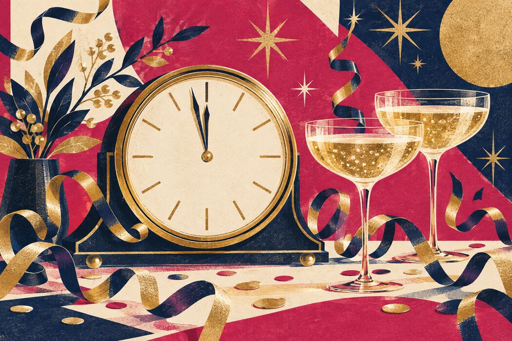 A midnight clock, sparkling glasses, and gold paper streamers.