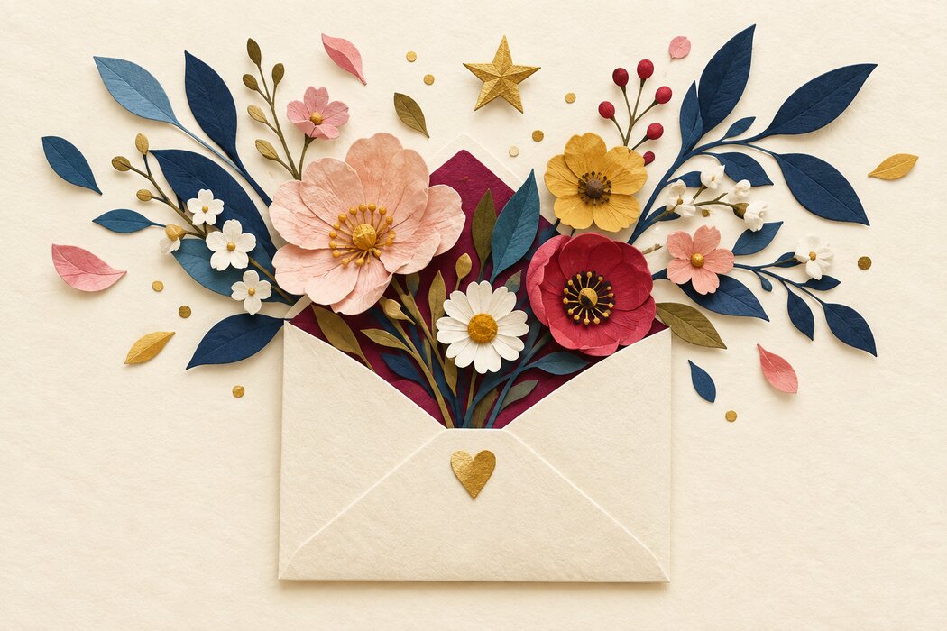 A small paper garden opening from a cream envelope.