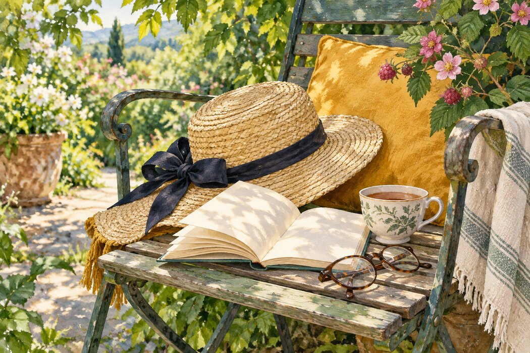 A sunhat, glasses, book, and tea on a garden chair.