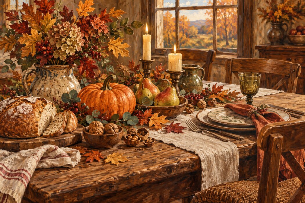 An autumn table with pumpkin, pears, bread, and a welcoming place setting.