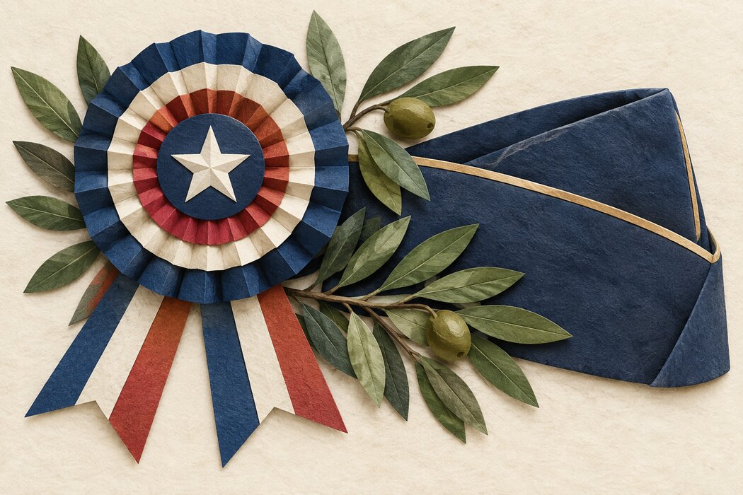 A patriotic ribbon rosette, service cap, and olive branch.