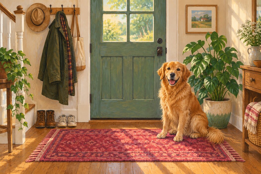 A golden dog waiting in a welcoming hallway beside a coat and shoes.