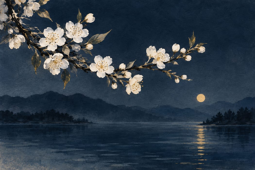 White blossoms above a still indigo lake and a warm reflection.