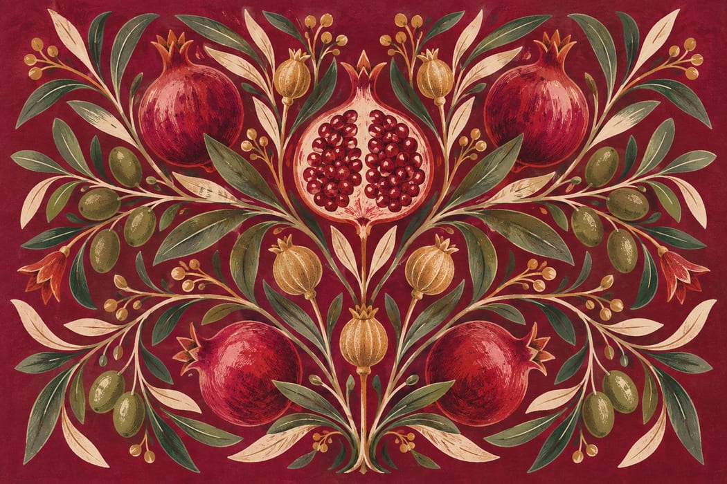 Pomegranates, olive leaves and golden seedpods in a textured botanical print.