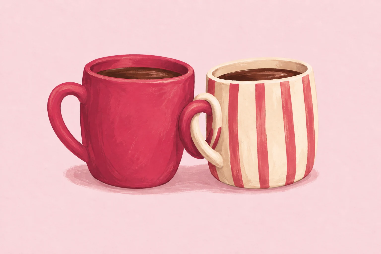 Two painted mugs nestled together on warm paper.